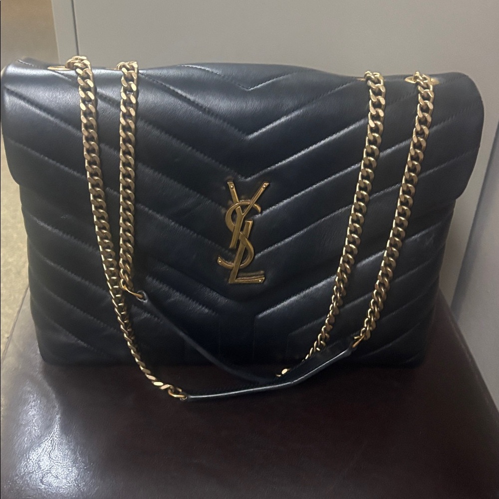 Black Quilted Leather Bag with Gold Chain